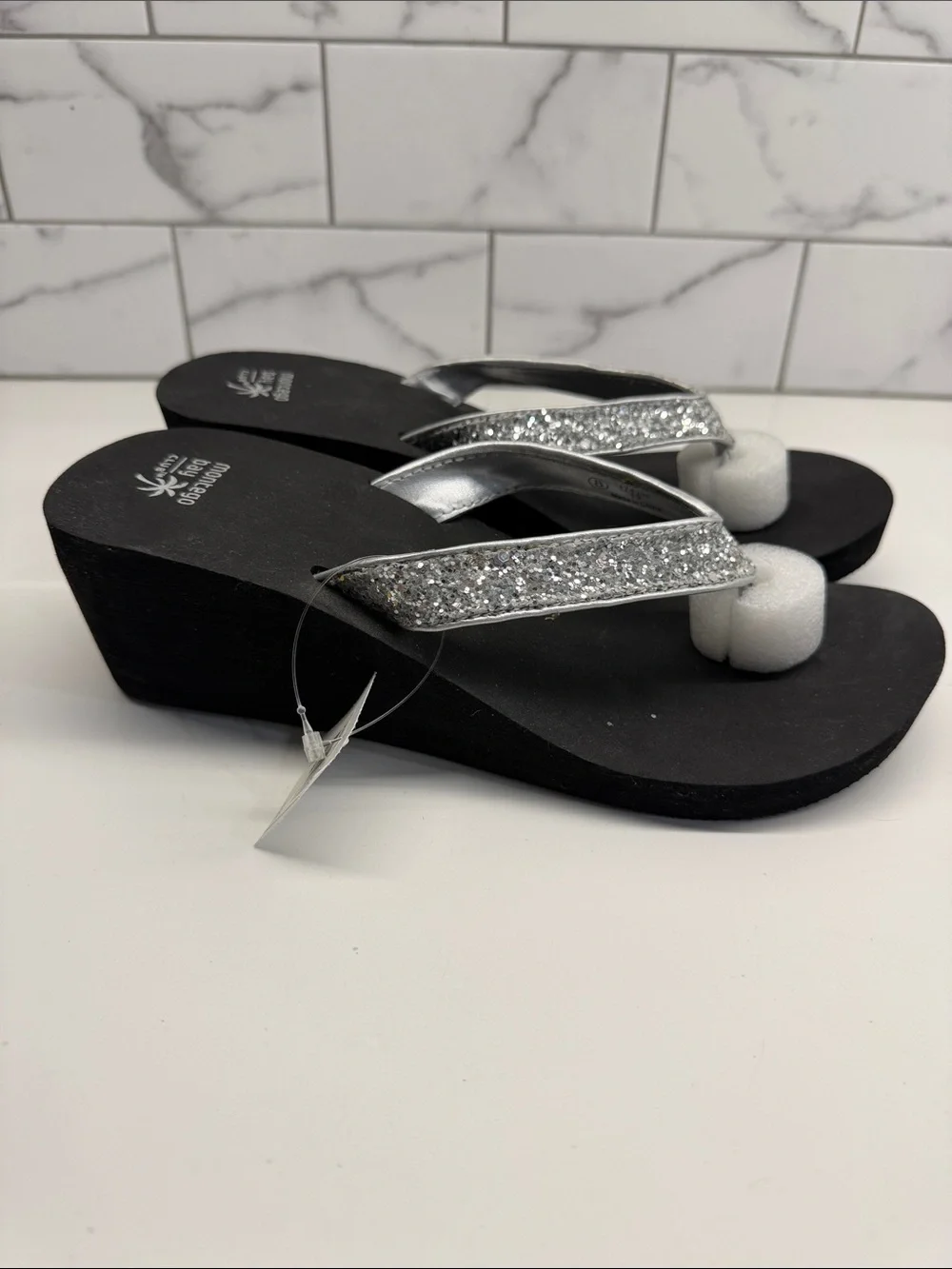 Montego Bay Club Silver Glitter Wedge Thong Sandals